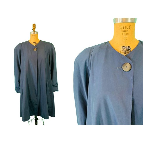 Vintage 80s Swing Coat Womens Large Solid Blue Barrie Pace Tent Coat - Picture 2 of 10
